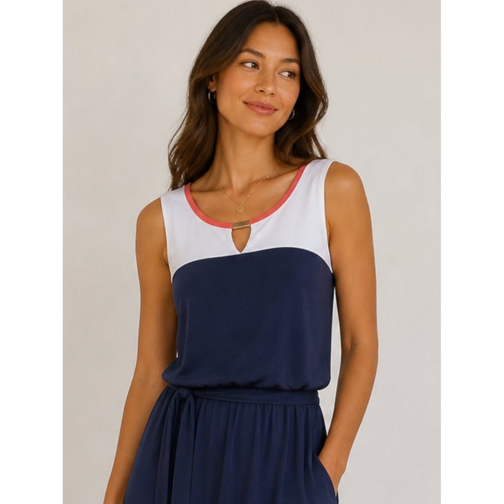 Christopher & Banks Navy Blue Coral Maxi Dress Size Small Stretch Color Block